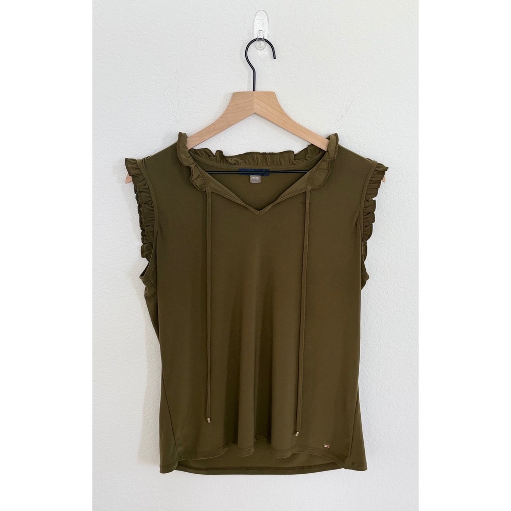 Tommy Hilfiger Womens Olive Green Ruffle Neck Tie Sleeveless Blouse Top Medium